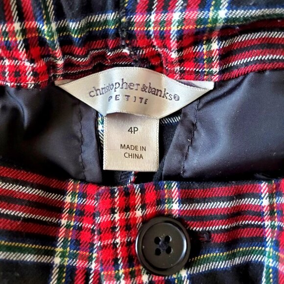 PANTS CHRISTOPHER &BANKS SIZE 4PETITE STRAIGHT LEGS PLAID RED BLACK GREEN WHITE - Picture 3 of 7